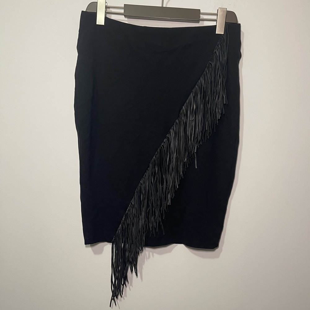 One5One Women’s Black Faux Leather Fringe Asymmetrical Bodycon Skirt in Size L